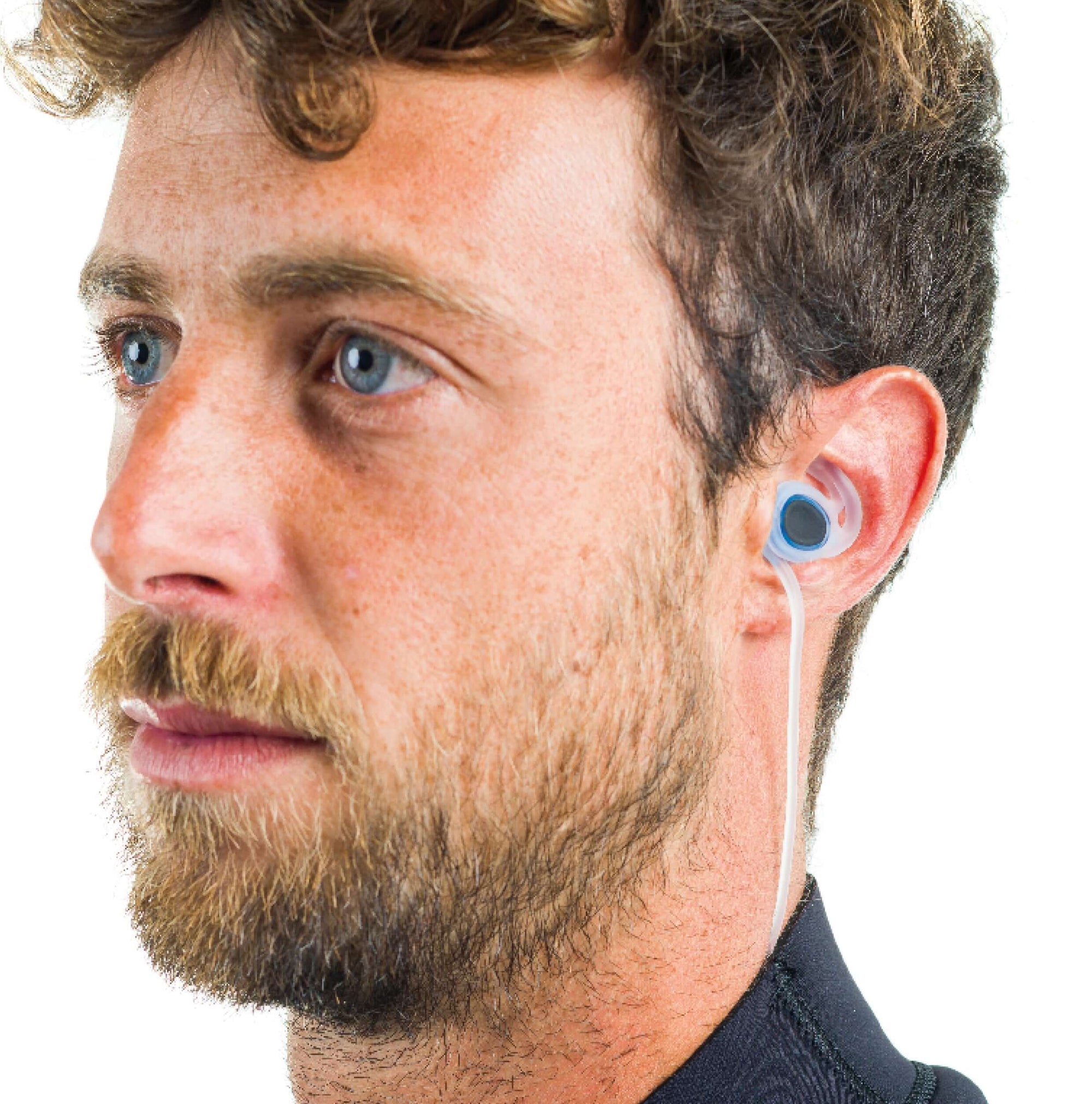Man wearing protective ear plugs for water use