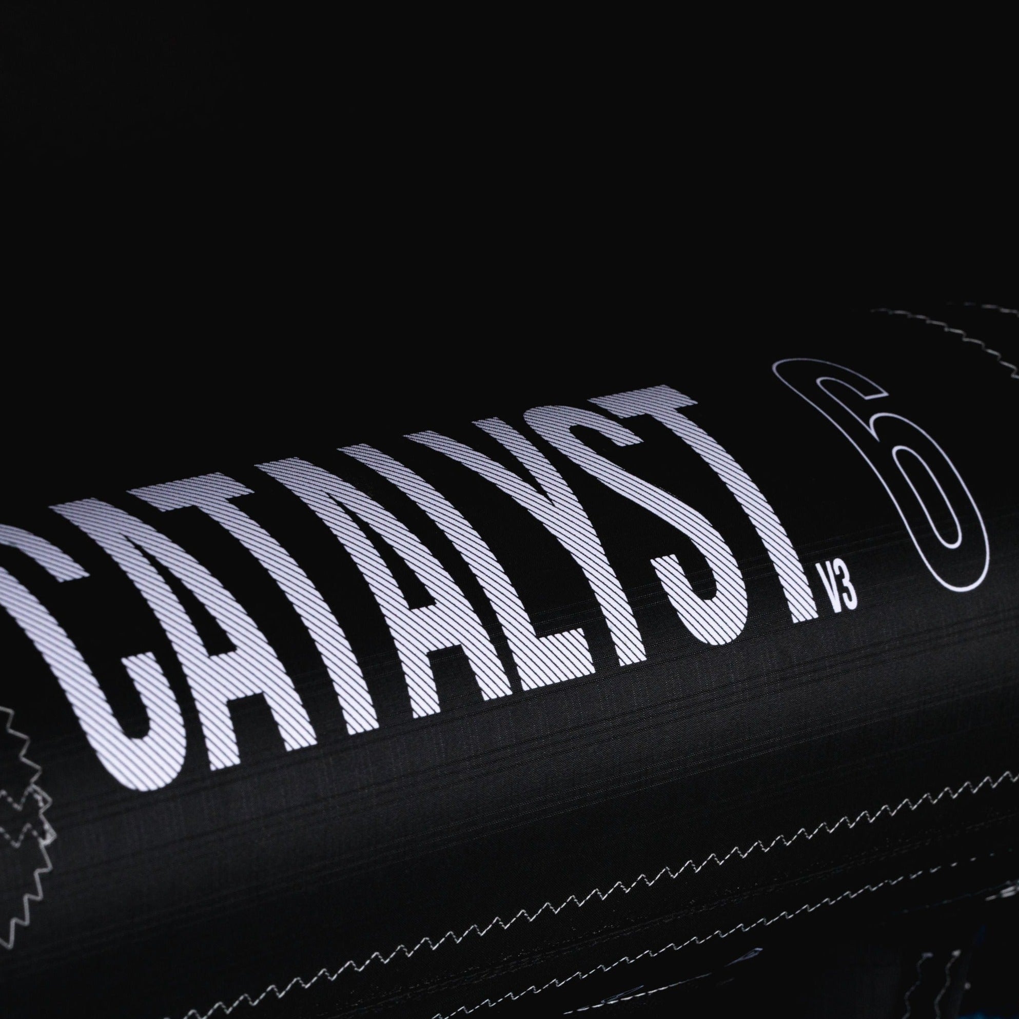 A close up shot of the Ozone Catalyst V3&#39;s leading edge with a black background.
