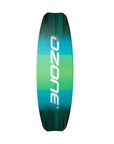 The bottom of the green Ozone Code v3 kitesurfing board.