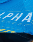 Close up of Alpha text on blue kite canopy