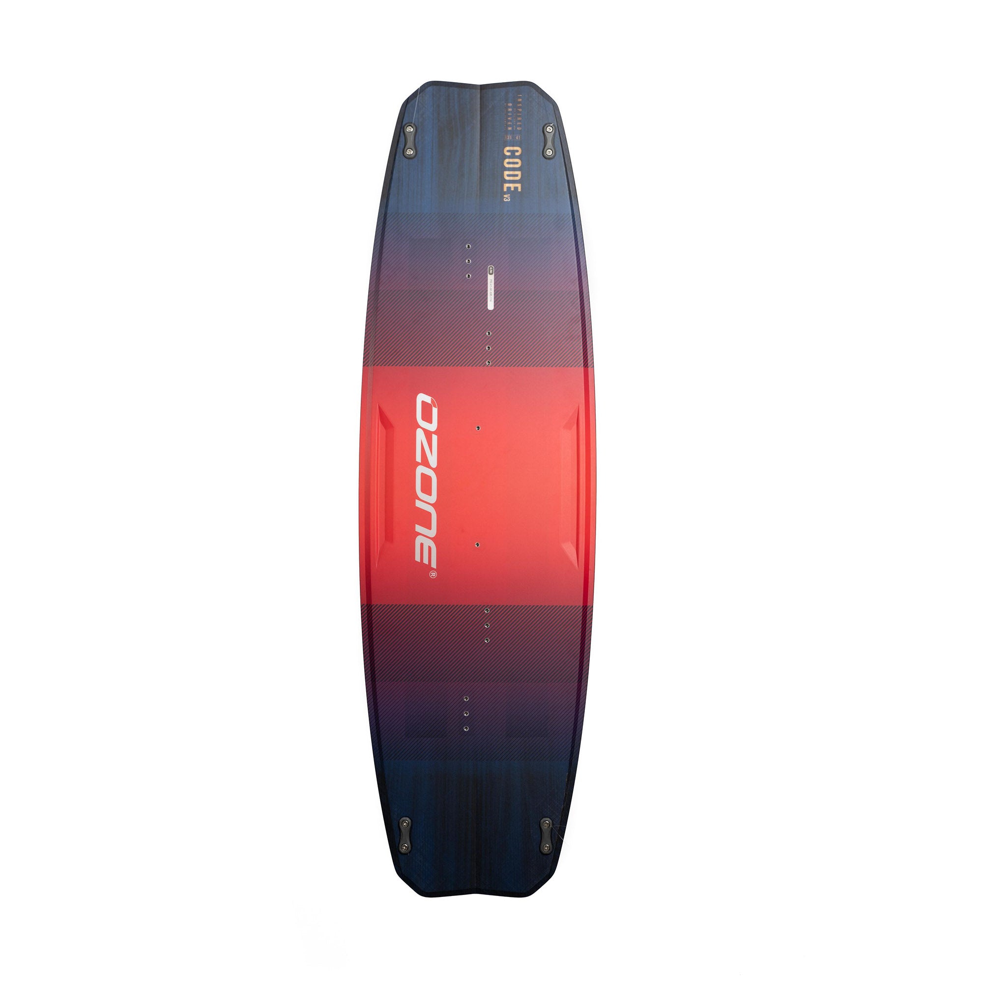 The top of the red Ozone Code v3 kitesurfing board.