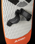 Ozone Apex V1 kitesurfing Board straps on the board with a black background.