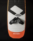 Ozone Apex V1 kitesurfing Board straps on the board with a black background.